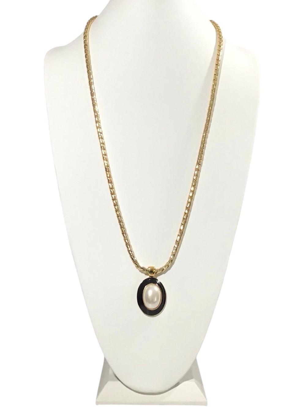 Anne Klein Gold Tone Necklace Black Enamel Pearl Pendant Toggle Fashion Jewelry